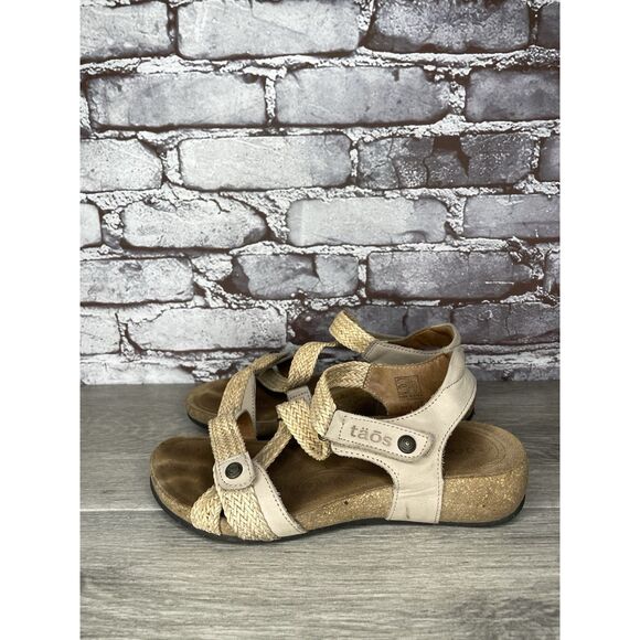 Taos Trulie Tan Braided Leather Woven Cork Wedge Sandals Women’s Sz 37EU/6.5M US - Picture 1 of 16